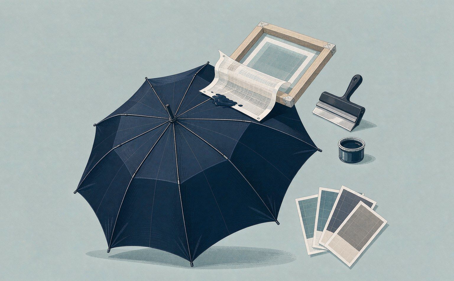 Custom umbrella printing methods Screen printing frame, squeegee, ink and colour swatches beside a navy custom umbrella canopy